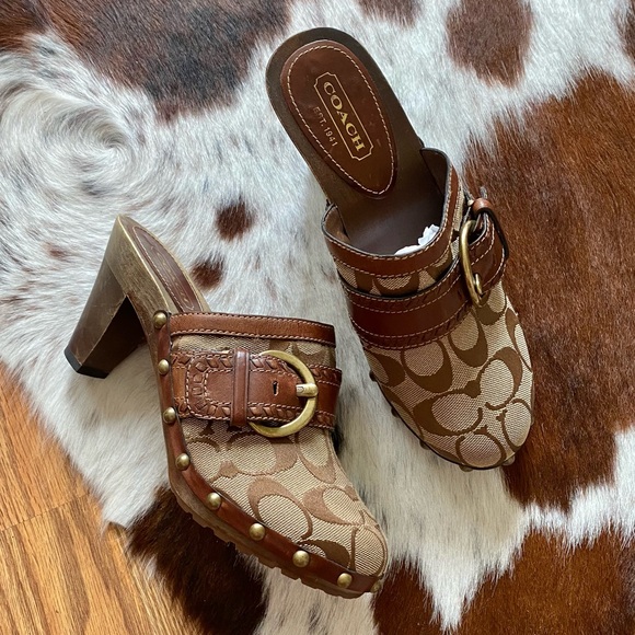 Coach Shoes - Coach Brown Leather Monogram Wooden Clogs 7